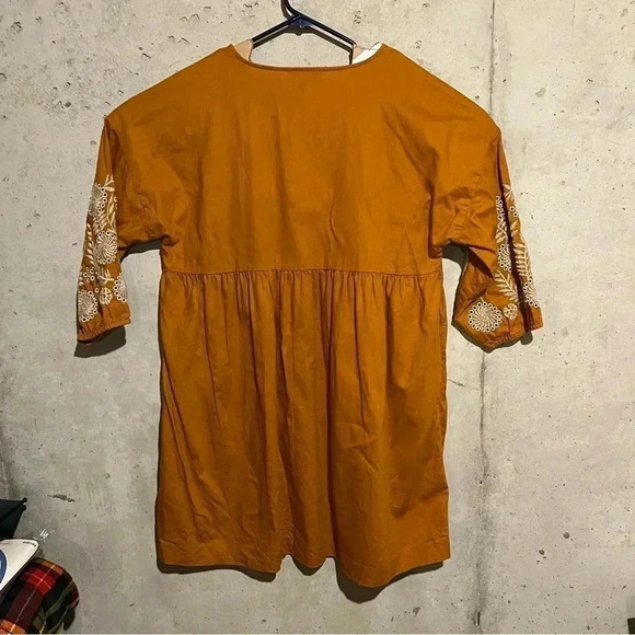 Madewell Linen Blend Embroidered Sleeve Dress Oversized Golden Sun Orange Fall M - Picture 7 of 11